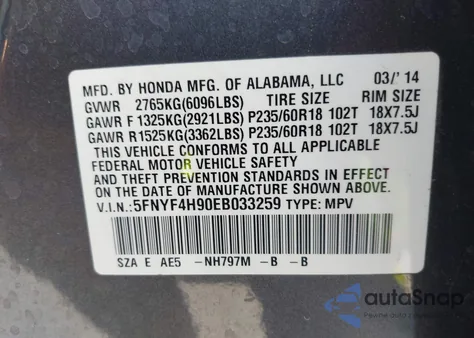 2014 Honda Pilot Touring z USA, uszkodzony, nr VIN 5FNYF4H90EB033259